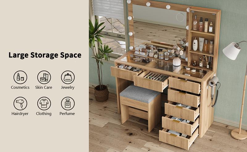 FUSOU [ Valentine's Day ] 47'' W Fluted Vanity Desk, Makeup Vanity with Power Oultlet, 7 Drawers Vanity with 10 LED Lights and Mirror, 3 Lighting Modes Adjustable, Glass Top, Vanity with Chair for Bedroom, Natural