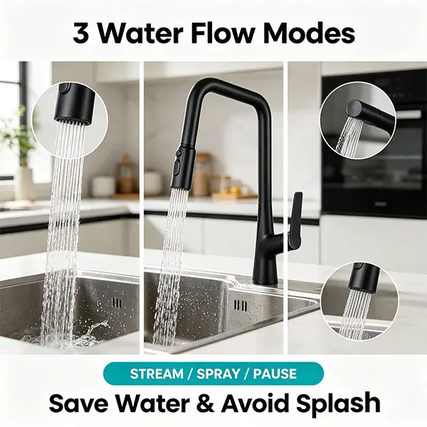 Matte Black Pull-Out Kitchen Faucet - 3-Function Spray Head with 1-Touch Switching, 360° Swivel High-Arc Sink Faucet, 23.6in Hose, Pre-Assembled Solid Metal Water Saving FastConnect DIY Installation for Modern Kitchens, Kitchen Faucets Black, Handheld Spr