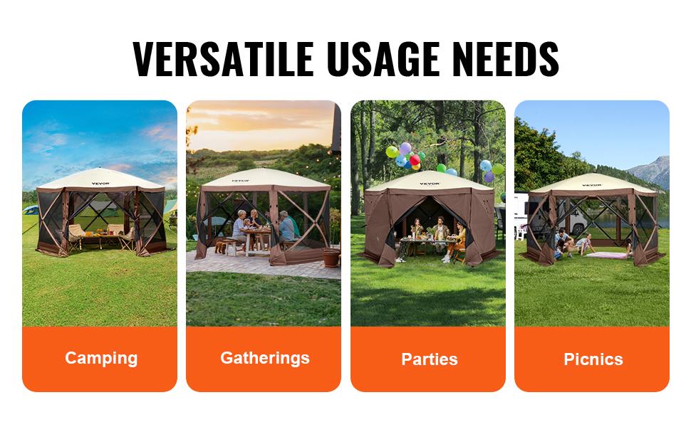 VEVOR Camping Gazebo Screen Tent, TikTokShopBlackFriday, 12*12ft, 6 Sided Pop-up Canopy Shelter Tent with Mesh Windows, Portable Carry Bag, Stakes, Large Shade Tents for Outdoor Camping, Lawn and Backyard, Brown/Beige