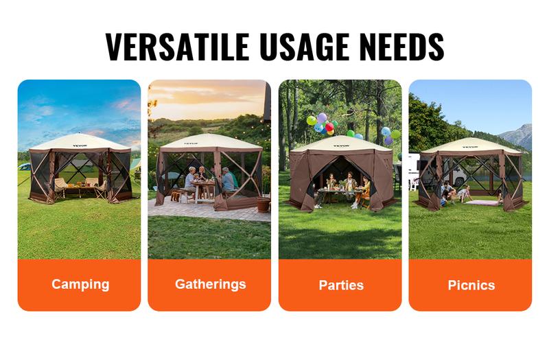 VEVOR Camping Gazebo Screen Tent, TikTokShopBlackFriday, 12*12ft, 6 Sided Pop-up Canopy Shelter Tent with Mesh Windows, Portable Carry Bag, Stakes, Large Shade Tents for Outdoor Camping, Lawn and Backyard, Brown/Beige