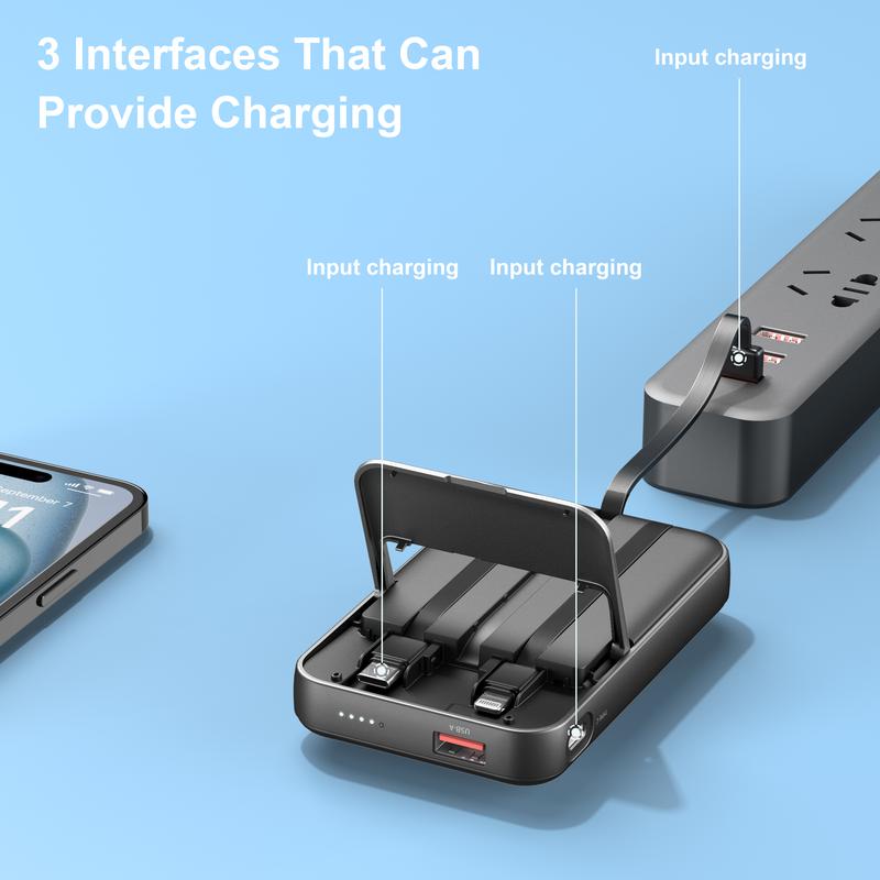 Magnetic Power Bank, 10,000mAh Wireless Portable Charger with 22.5W Max Fast Charging, Built-in USB-C and Lightning Cable, Fast Charging Battery Pack with Phone Stand for  iPhone 16/15/14/13/12/Pro/Pro Max