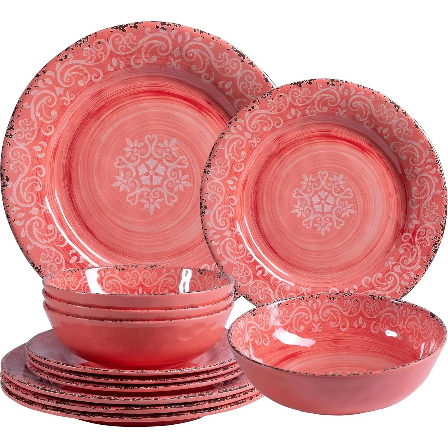 12-Piece Rustic Floral Farmhouse Round Melamine & Ceramic Dinnerware Set - Shatterproof, BPA-Free, Chip Resistant, Blush Pink Pastel Plates & Bowls, 4-Piece Subsets, Dishwasher Safe, for Indoor Casual Dining, Housewarming - Do Not Microwave/Oven, Tablewar