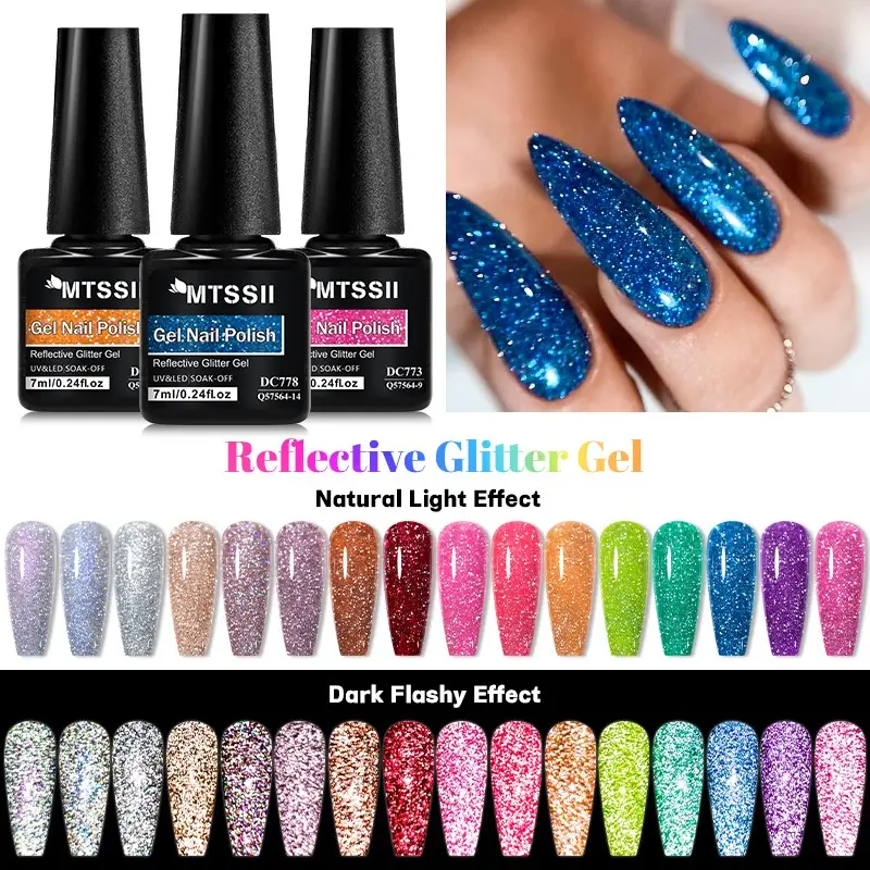 MTSSII 8Colors Fluorescent Reflective Glitter Gel Nail Polish Set Soak Off Gel Blue Sparkle Glitter Neon Gel Polish For Summer, Celebration Nails, Semi Permanent UV LED Gel Nail Art Varnish Manicure Kit Nail Art DIY For Salon And Home