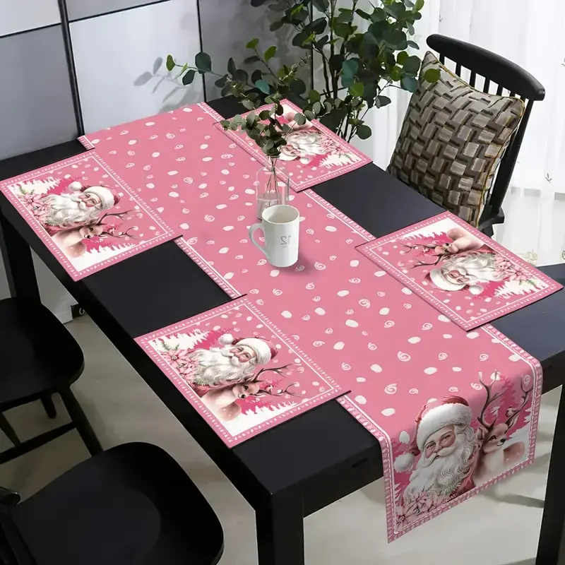5/7 pieces of pink Christmas table flag, placemat and table runners set, featuring a pink Santa Claus reindeer pattern, suitable for indoor and outdoor use, can be wiped clean, and used for daily festive party decoration, Festive home decoration