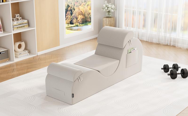 LIKIMIO Corduroy Yoga Chair for Adults, Ergonomic Lounger with Removable Headrest, Waist Cushion and Footrest, Side Pockets, Non-Slip Bottom, High-Density Sponge