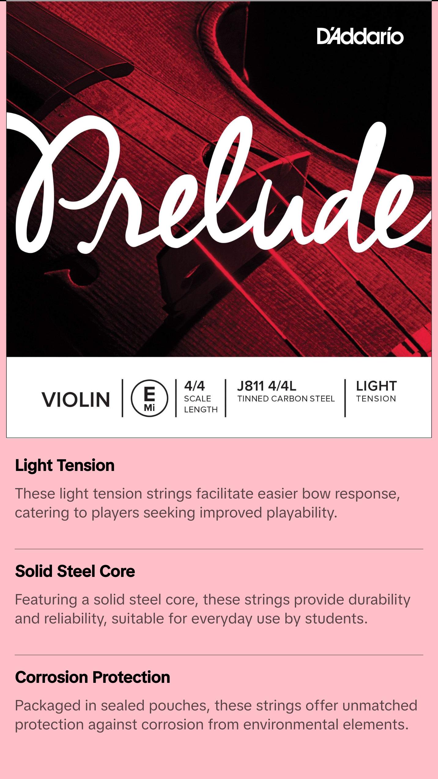 D'Addario Prelude Violin Single E String, 4/4 Scale, Light Tension