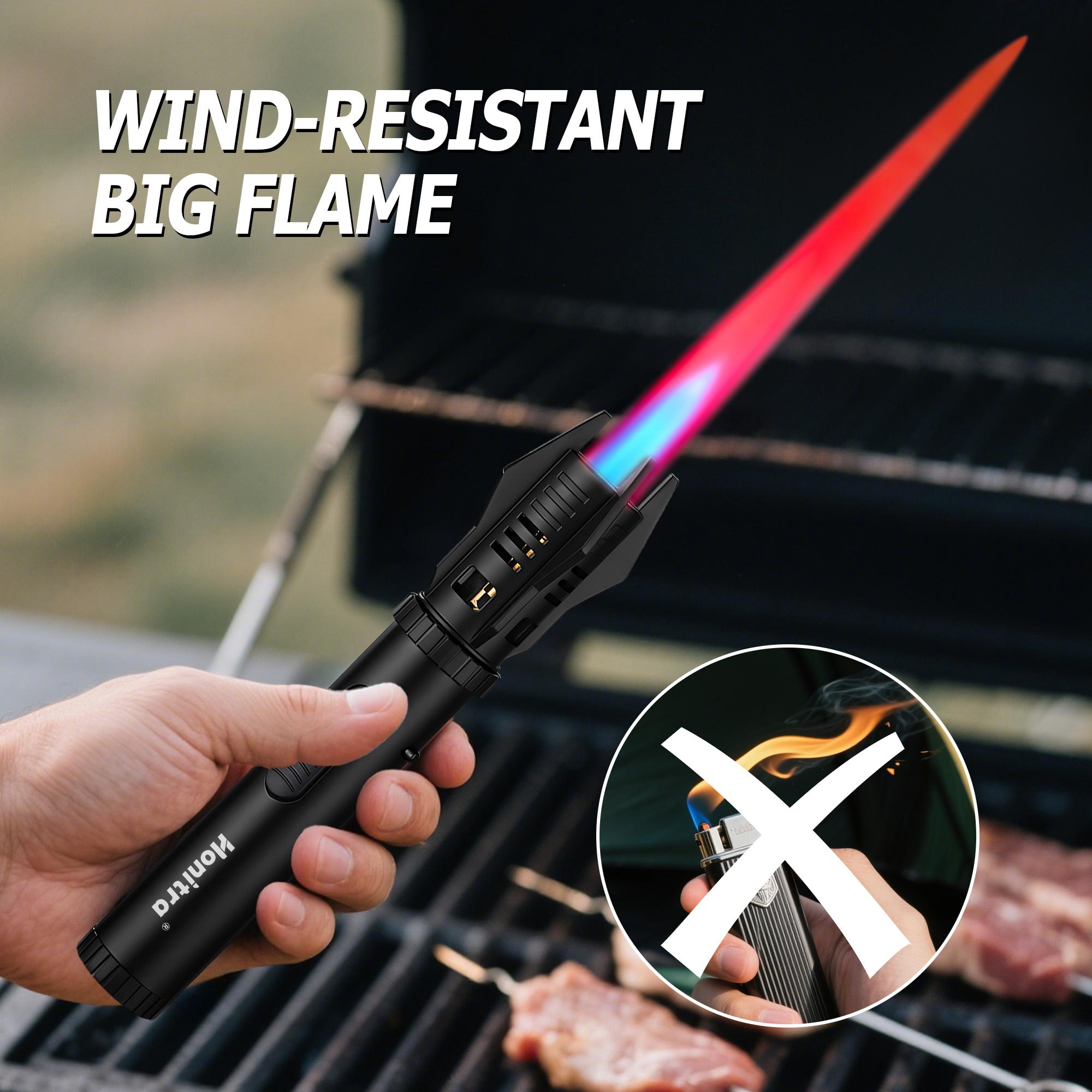Butane Lighters Adjustable Jet Flame Torch Lighters Windproof 8" Portable Lighter Candle Campfires BBQs Kitchen (Butane Not Included) Black Decor Gift Lightweight Metal