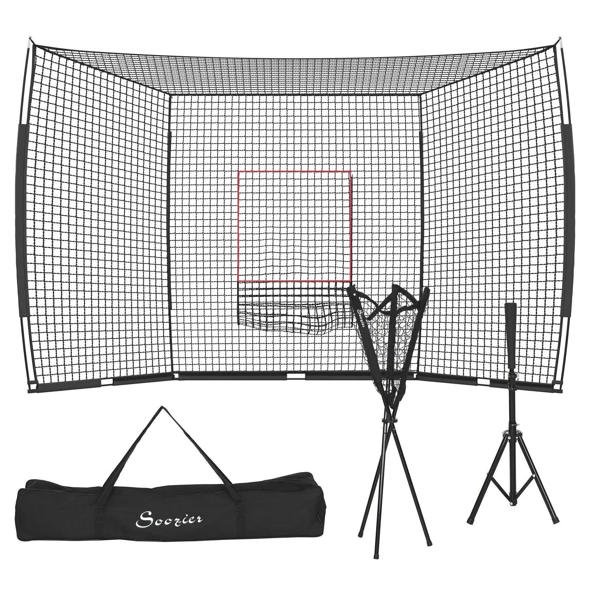 Soozier 17'x5.5' Oxford Baseball Net with Strike Zone, Tee, Caddy & Carry Bag - Portable Batting Practice Equipment for Backyard High-Impact Hitting & Pitching, Softball Training, High-Impact Hitting And Pitching, Strike Zone 40Lbs, Softball/Baseball, Adj