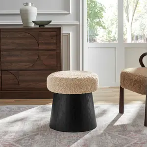 Ketra Round Faux Shearling Ottoman Footstool in Oatmeal Black