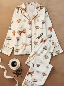 Women's Espresso Martini Coquette Bow Short Sleeve Satin Pajama Set Soft Breathable Fabric Button-Up Front Lapel Collar Relaxed Fit for Spring Summer Fall Premium Latin Satin 100% Polyester Loungewear Nightwear