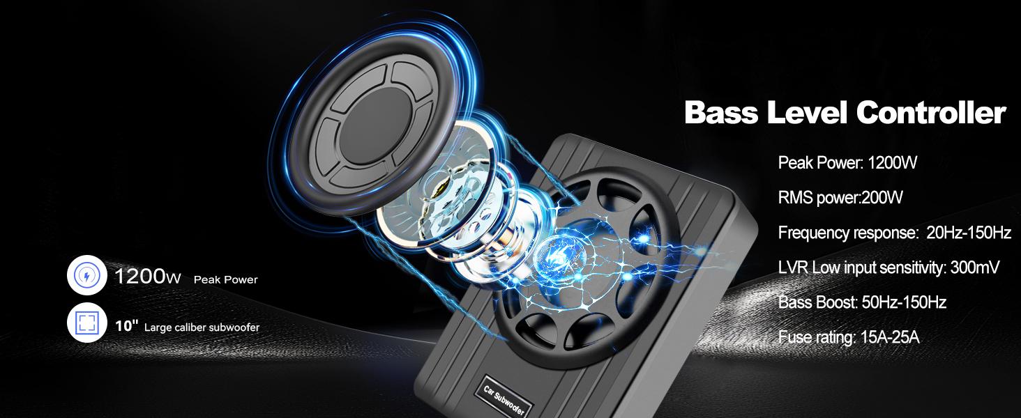 10-inch 1200W ultra-thin under-seat active car subwoofer, efficient heat dissipation, slim appearance