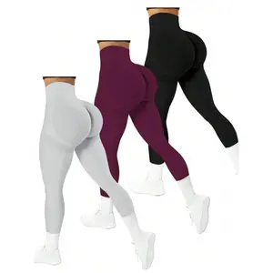 Women's Solid Ruched High Waist Sports Leggings, Comfy Breathable Skinny Pants for Yoga Gym Workout Running, Ladies Sportswear for All Seasons