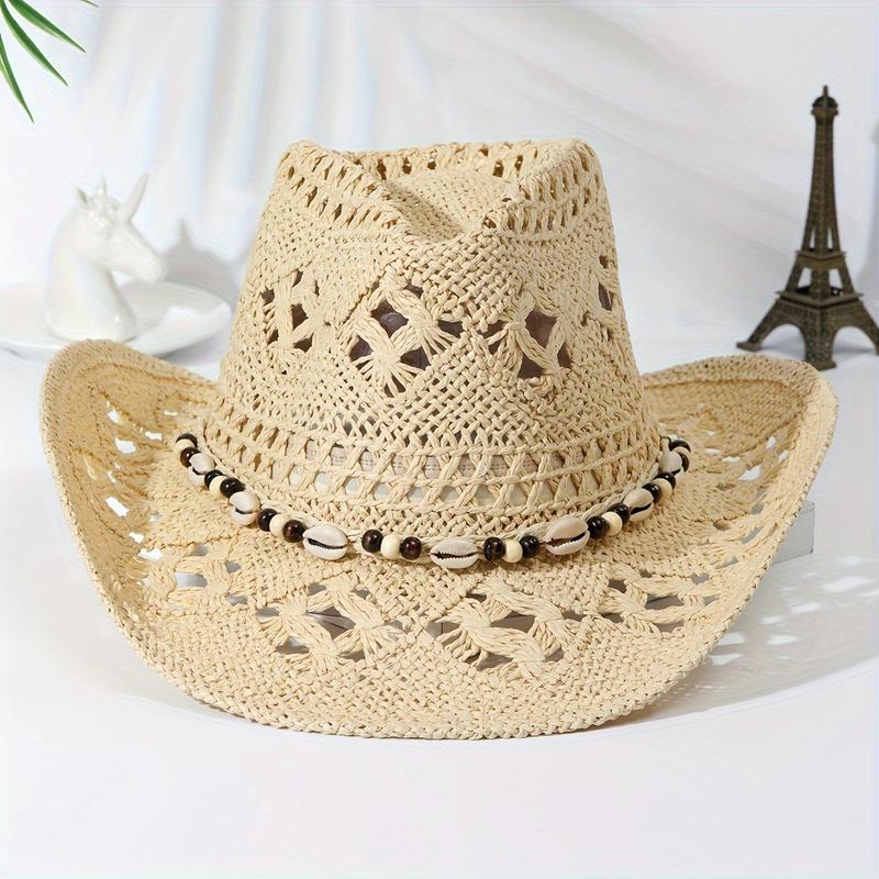 Raffia straw hat for women, large head circumference, summer vacation style, openwork design, denim-style sun hat, also suitable for men.