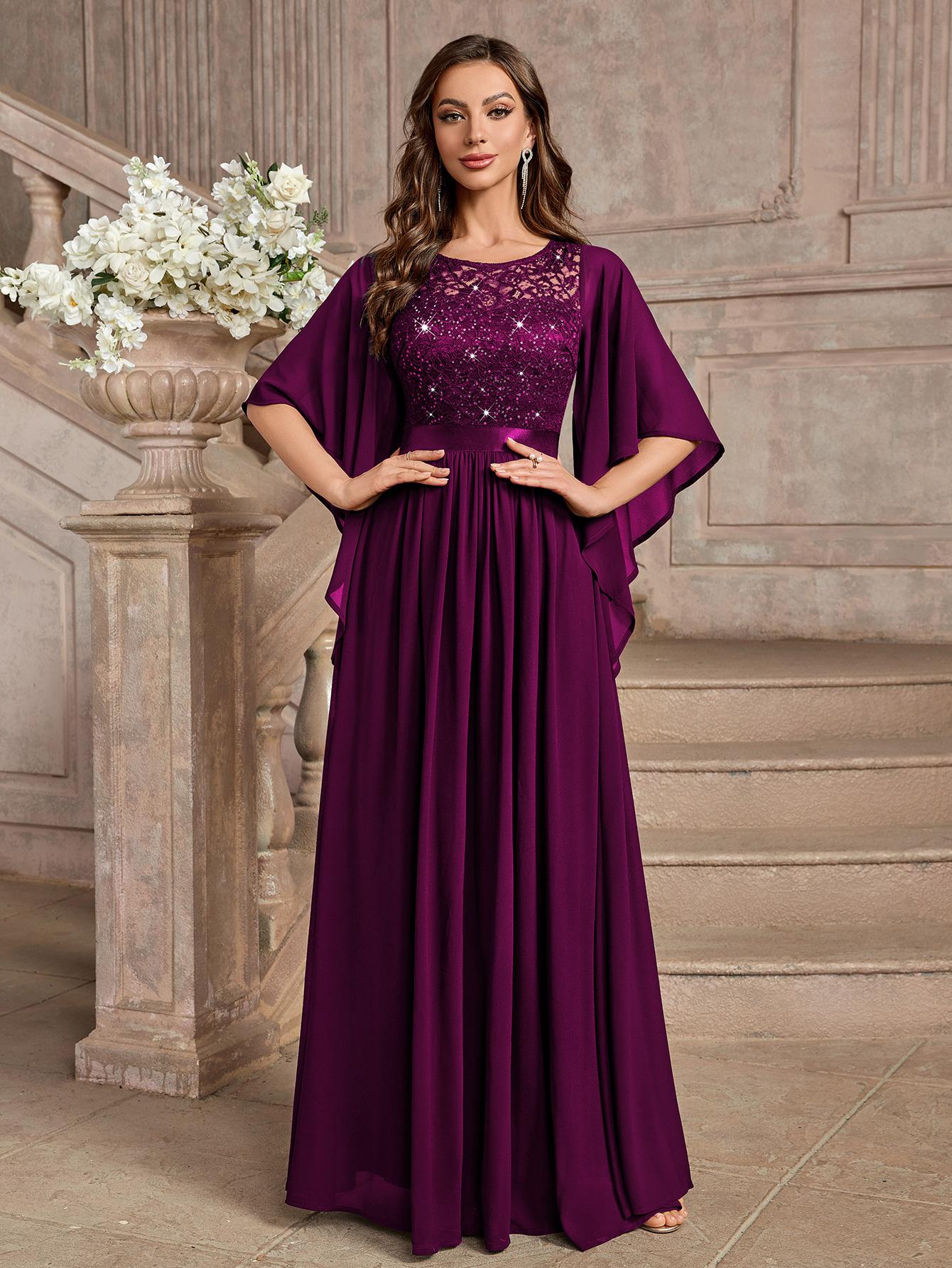 Miusol P83099 Plus Size Women's Sequin Floral Lace Chiffon Flare Sleeve Formal Dress Elegant Evening Gown All Seasons Party dress,Evening dress Normal Type  Womenswear Maxi Dress SpringStatements