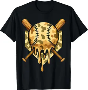Baseball Drip for Boys Ice Cream Dripping Boys Baseball Camo T-Shirt - Crewneck Men Women Youth Boys Girl T-shirt Cotton Fabric