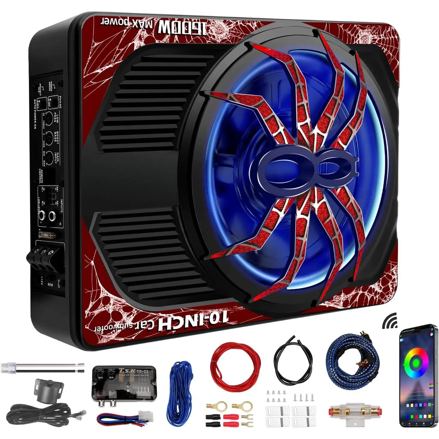 1600W 10" Slim Under Seat Subwoofers with Built-in Amp |   LED Ambient Light, Deep Bass, Individual Controls (LPF/Gain/Bass Boost), High Output Distortion-Free Audio, Suitable for All Vehicle Models