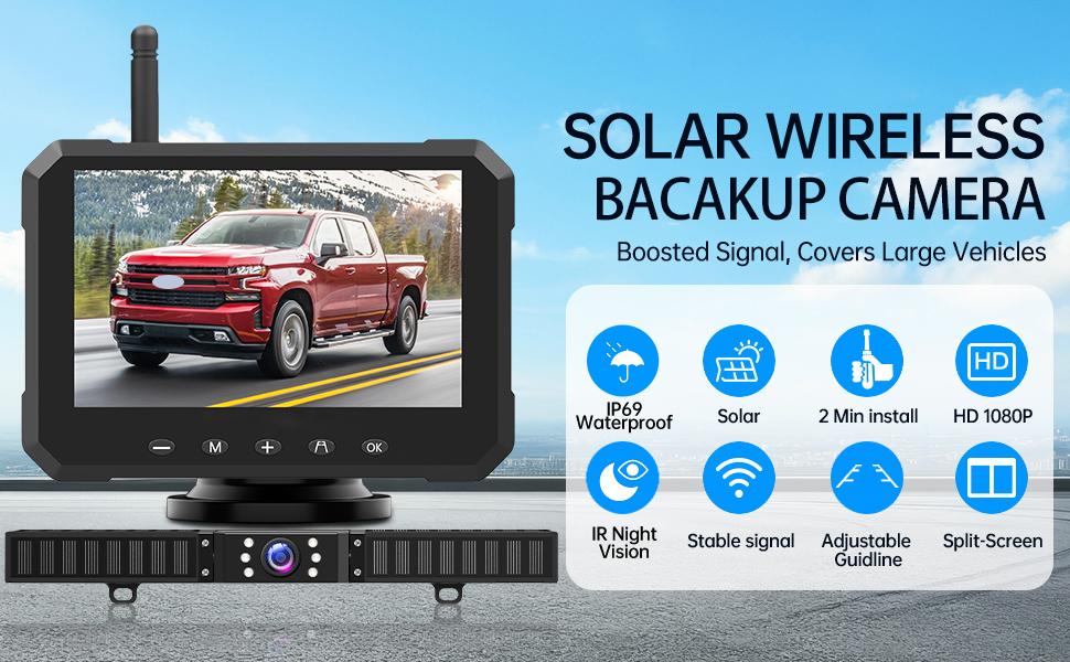ConewVehicle Magnetic Solar Wireless Backup Camera with 5" 1080P Monitor,Magnetic base or license plate installation,10000mAh Battery 1 Mins DIY Installation Night Vision Waterproof Reverse Camera for Truck, RV,Car, Van, SUV, Trailer