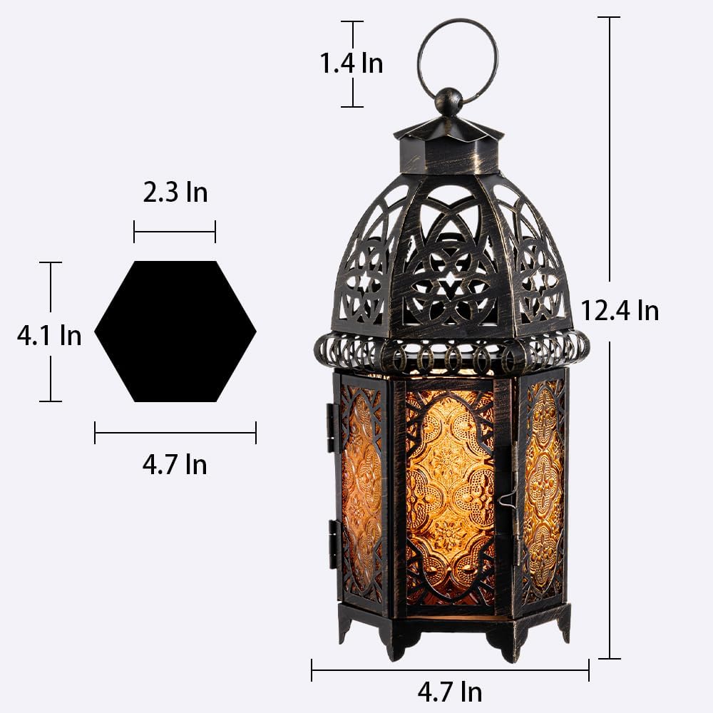 Vintage Large Size Decorative Moroccan Candle Lantern, 12.8’’ Metal Hanging&Tabletop Lantern Candle Holder Decor, Halloween Christmas Ramadan Decorations for Home Indoor Outdoor Patio (Amber) Ornaments Vintage Large Size Decorative Moroccan Candle Lantern, 12.8’’ Metal Hanging&Tabletop Lantern Candle Holder Decor, Halloween Christmas Ramadan Decorations for Home Indoor Outdoor Patio (Amber) Ornaments