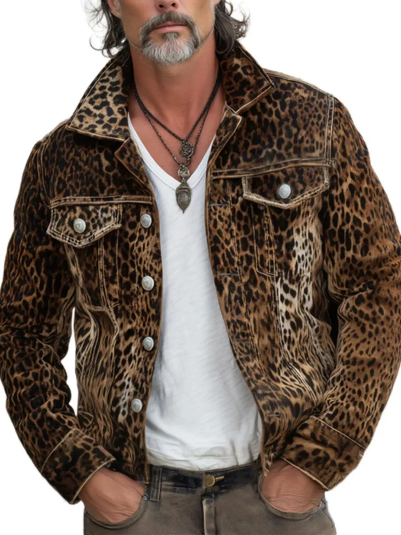 Men's Denim Jacket, High Street Vintage Leopard Print, Casual Slim-Fitting Coat, Trendy Fashion Outerwear