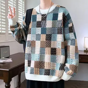 Men's All Match Sweater, Casual, Cool, Warm and Thick, New Round Neck, Loose Base Trendy Checkered Knit Sweater Top Knitwear Menswear