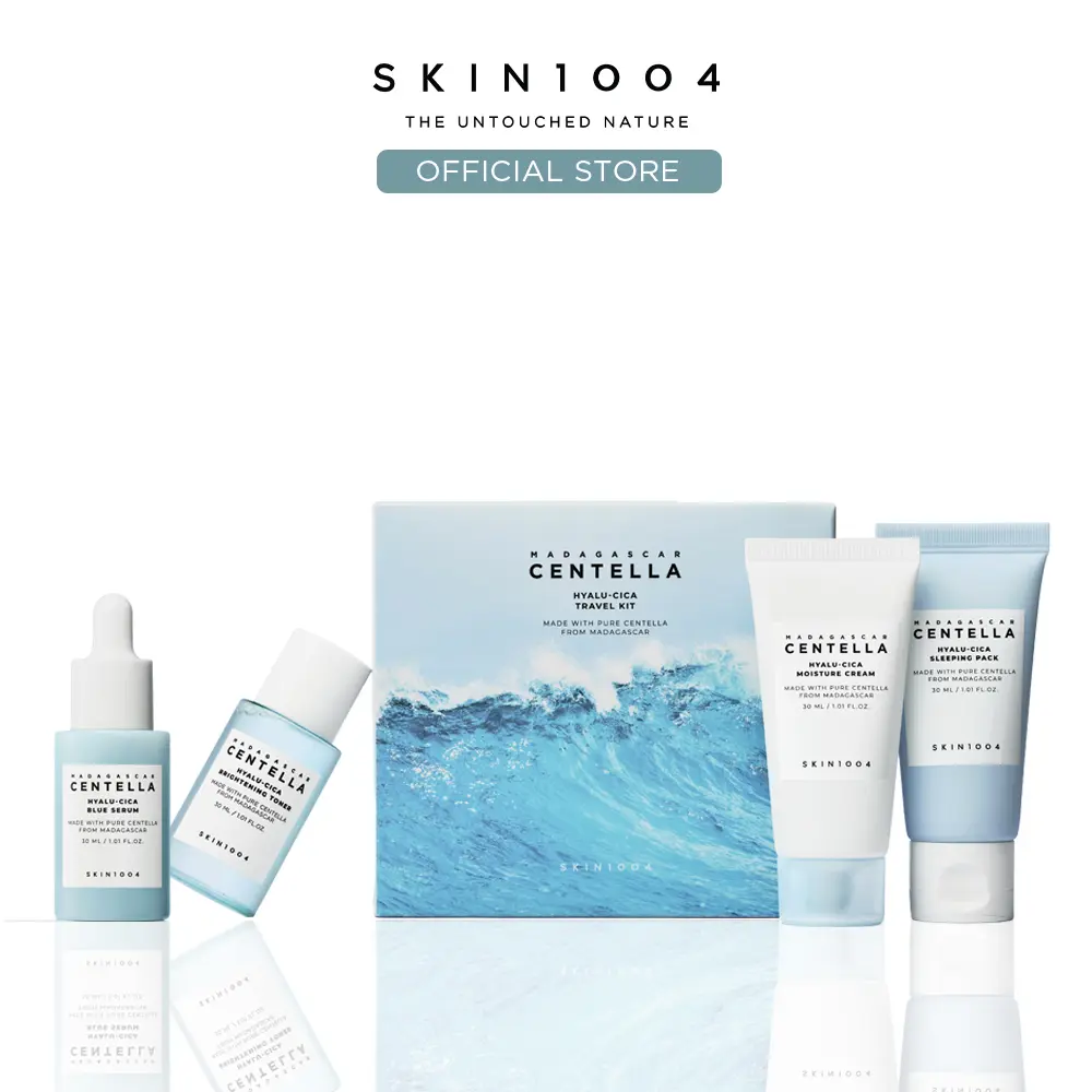 [SKIN1004 Official Shop] Madagascar Centella Hyalu-Cica Travel Kit - Hydrating Care 4-Step Kit, Brightening Toner, Blue Serum, Moisture Cream, Sleeping Pack