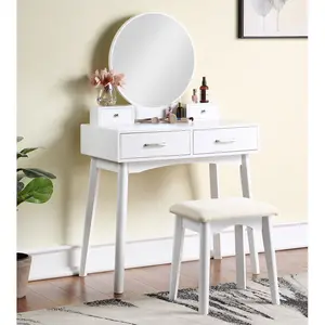 Liannon Contemporary Wood Vanity and Stool Set, White ,Gold,Pink,Purple Furniture Drawer Table Storage Mirror Round Modern Design Minimal