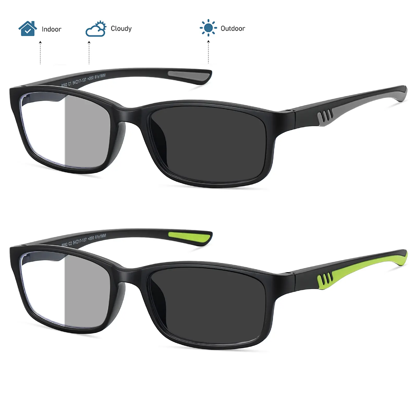 2PCS Men's Rectangular Fashion Sunnies - Photochromic Polarized, Blue Light Blocking Lens, Wide-Style Statement Frame, Lightweight Indoor/Outdoor Sun Protective Eyewear with Spring Hinges, Lightweight Practical Eyewear, Rectangular Polarized, Stylish Sung