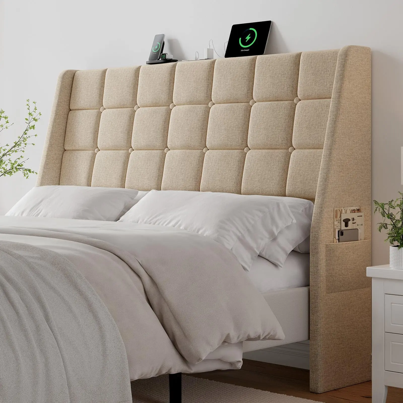 【BackToSchool】ONBRILL Ergonomic Upholstered Full/Queen Size Headboard w/Charging Station, Linen Wingback Headboards w/Storage Pocket, Full Headboard Only, Bed Frame Adapters, Sturdy Solid Wood Bed Head Board,dorm essentials,home decor