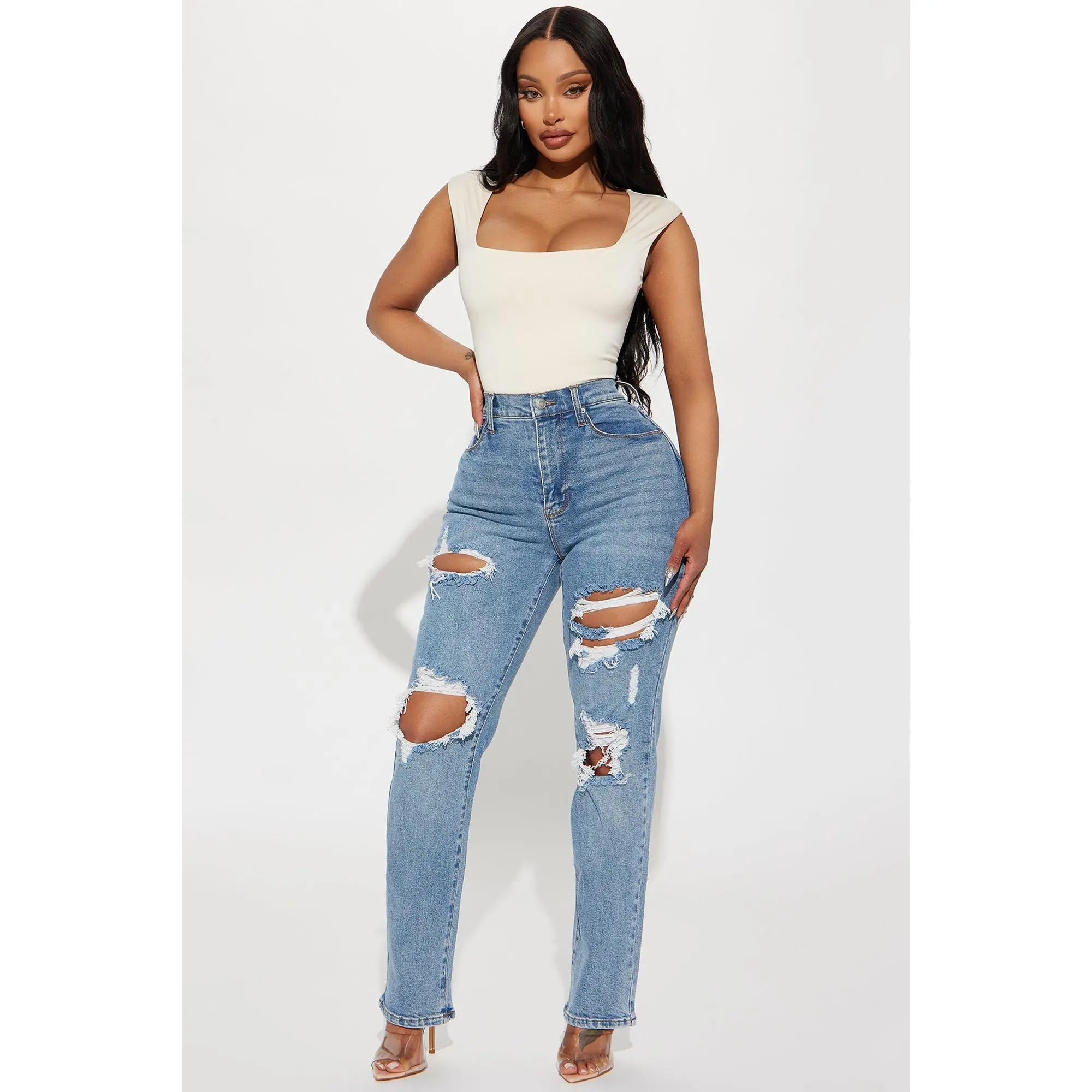 Because I Said So Destroyed Mom Jeans - Medium Blue Wash