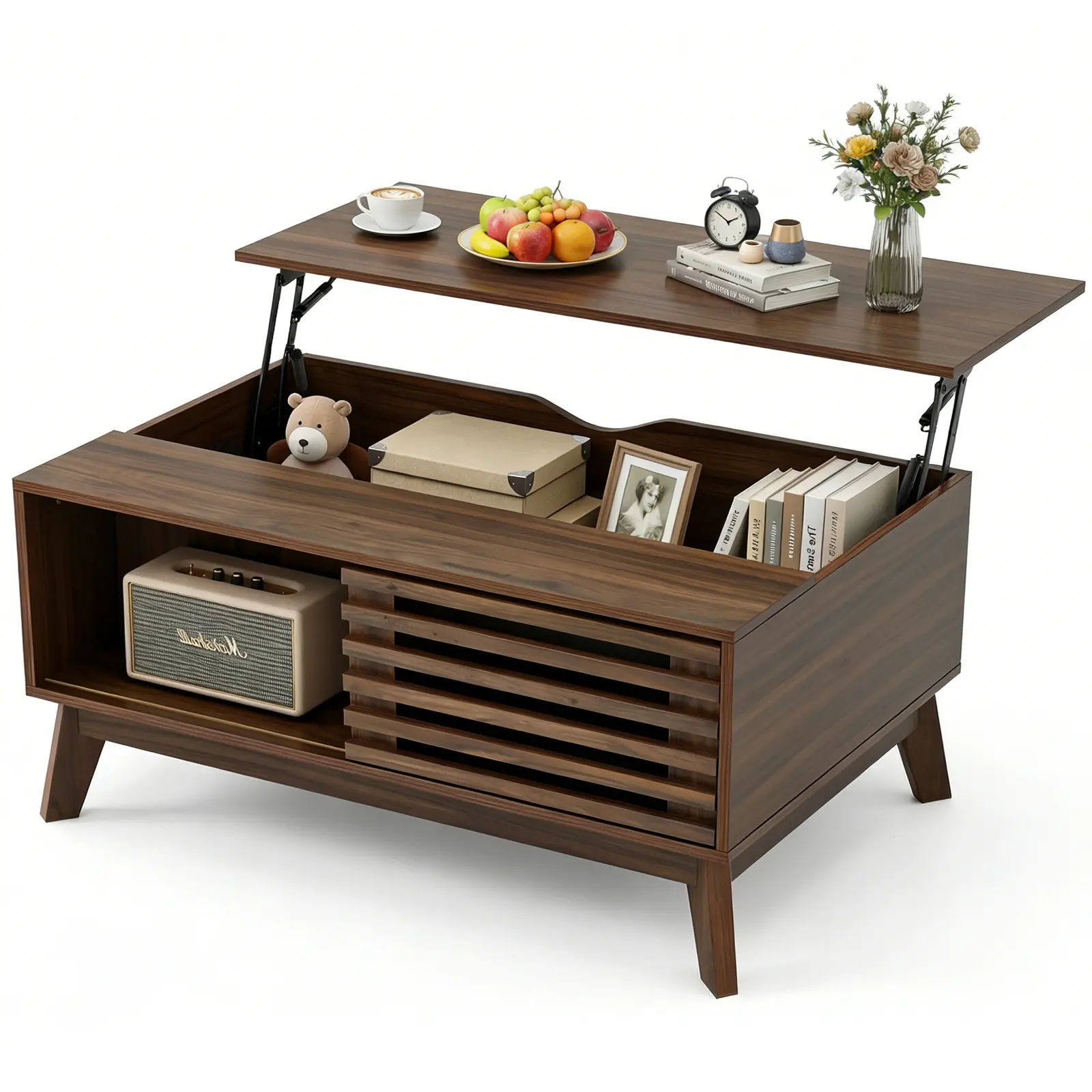 Lift Top Coffee Table with Storage, Mid Century Modern Wood Coffee Table with Slatted Sliding Door and Hidden Compartment, 35.4'' Coffee Table with Lifting Top, Coffee Tables for Living Room, Walnut