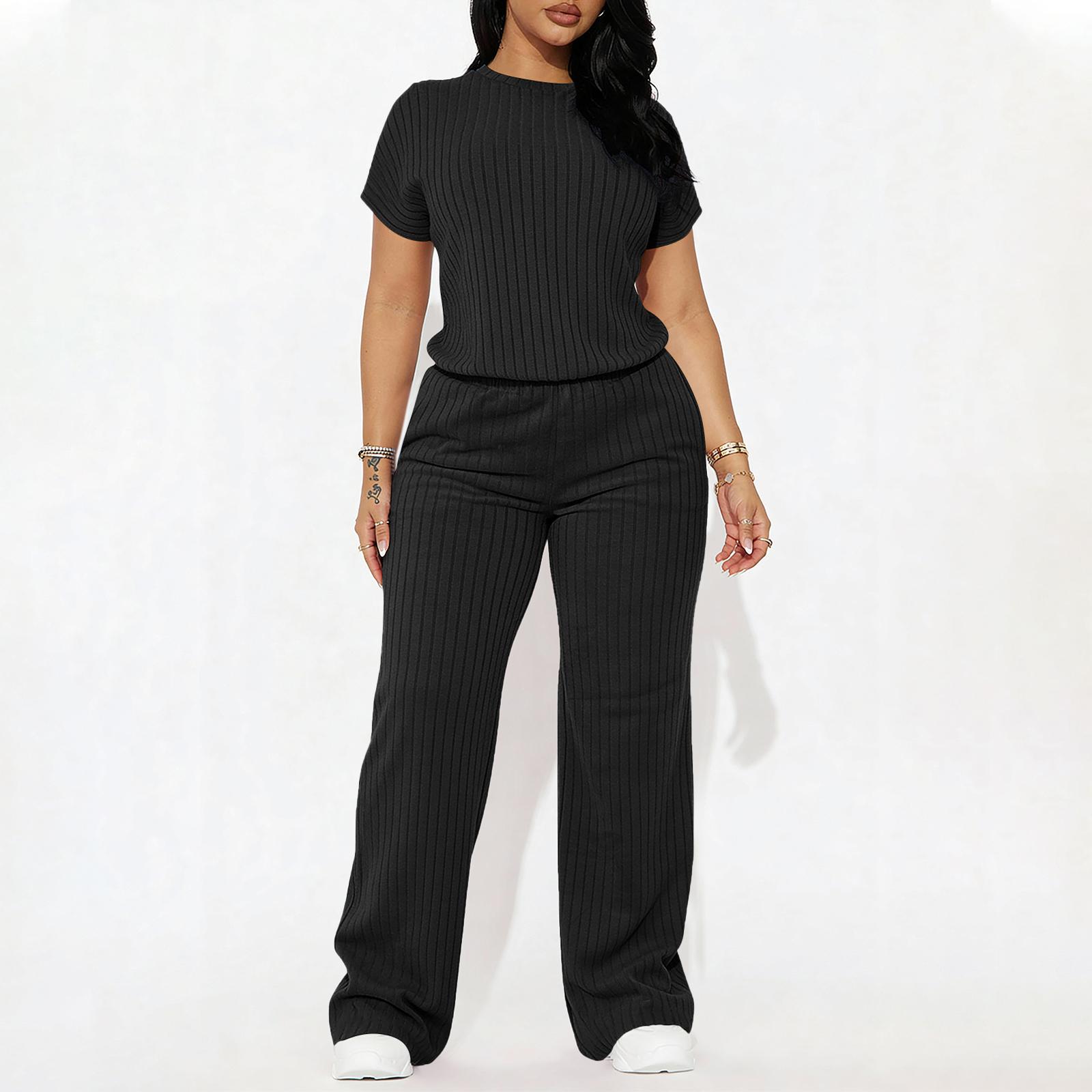 Women's Solid Shortsleeve Crewneck Ribbed Top & Wide Leg Pants Minimalist Casual Fitted Fashion Cozy Top & Trousers for Daily Outdoor Wear Ladies Clothes for Summer Womenswear Yoga Clothes Set Black Batwing Suits Suits