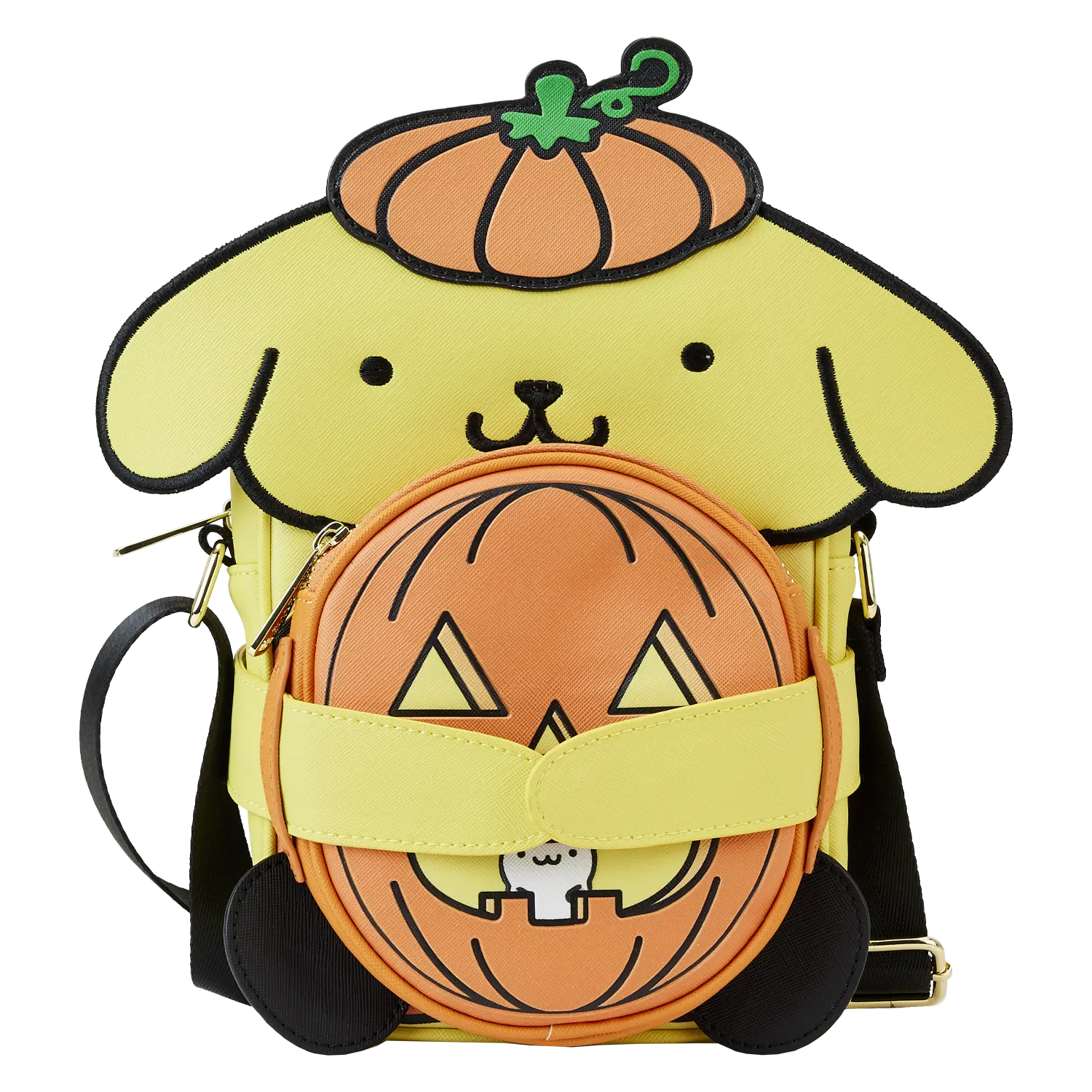 Sanrio Pompompurin Halloween Crossbuddies Shoulder Crossbody Bag, PU Leather Cosplay Purse with Detachable Reversible Coin Bag, Pu Leather Bag