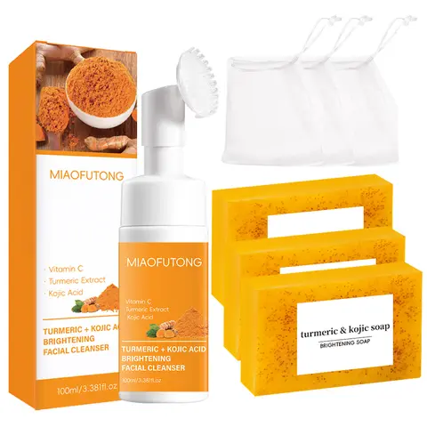 2-Piece Turmeric & Kojic Acid Facial Cleanser Set - Alcohol-Free Mousse & Soap, Brightening Face Wash, Exfoliating, Dark Spot Correcting, Acne Care Skin Products