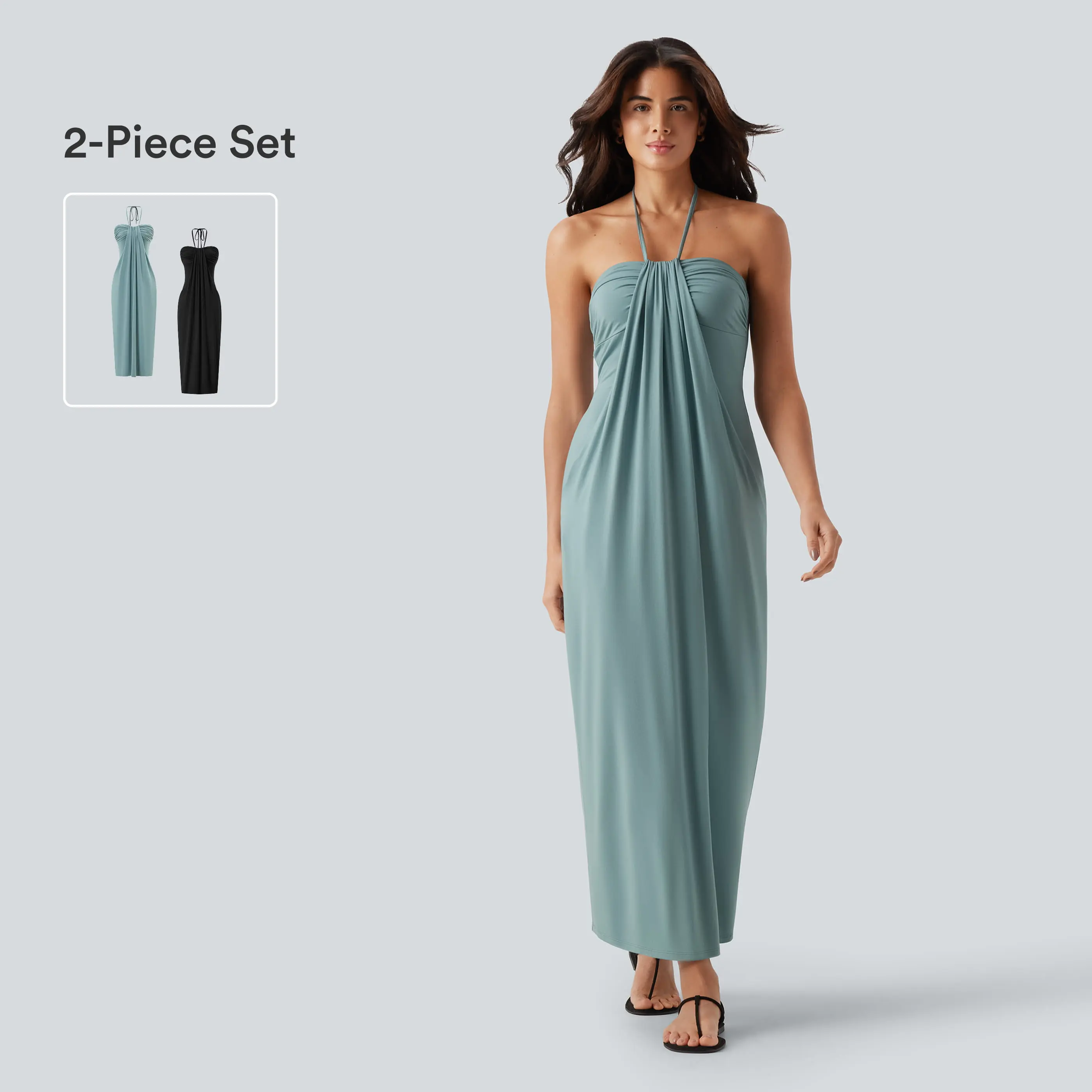 Halara 2-piece Halter Tie Back Maxi Dress with Pockets Set