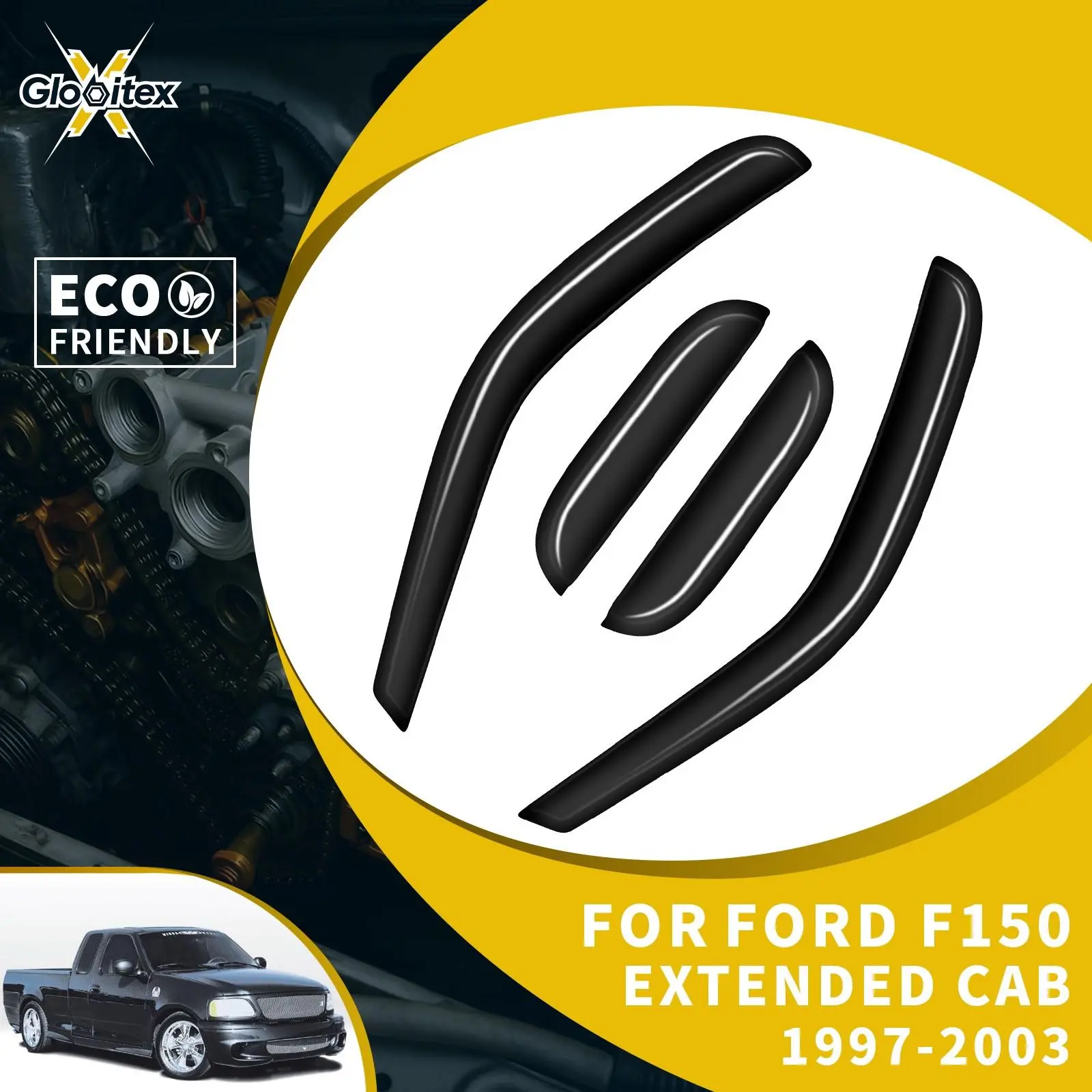 Tape-On Outside Mount Window Visors - Wind Deflectors with Sun Rain Guard & Vent Protection for Ford F150 Extended Cab 4-Door 1997-2003, 4-Pieces, Tape-On Install
