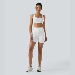 Halara 2-Piece Low Support U Neck Cut Out Stripe Yoga Sports Bra & High Waisted Drawstring Striped Yoga Biker Shorts 5'' with Pockets Set