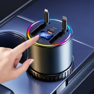 OATSBASF Car USB Hub Charger for Cup Holder with Fast Charging Retractable Cables Phone Charger Docking Station Accessories