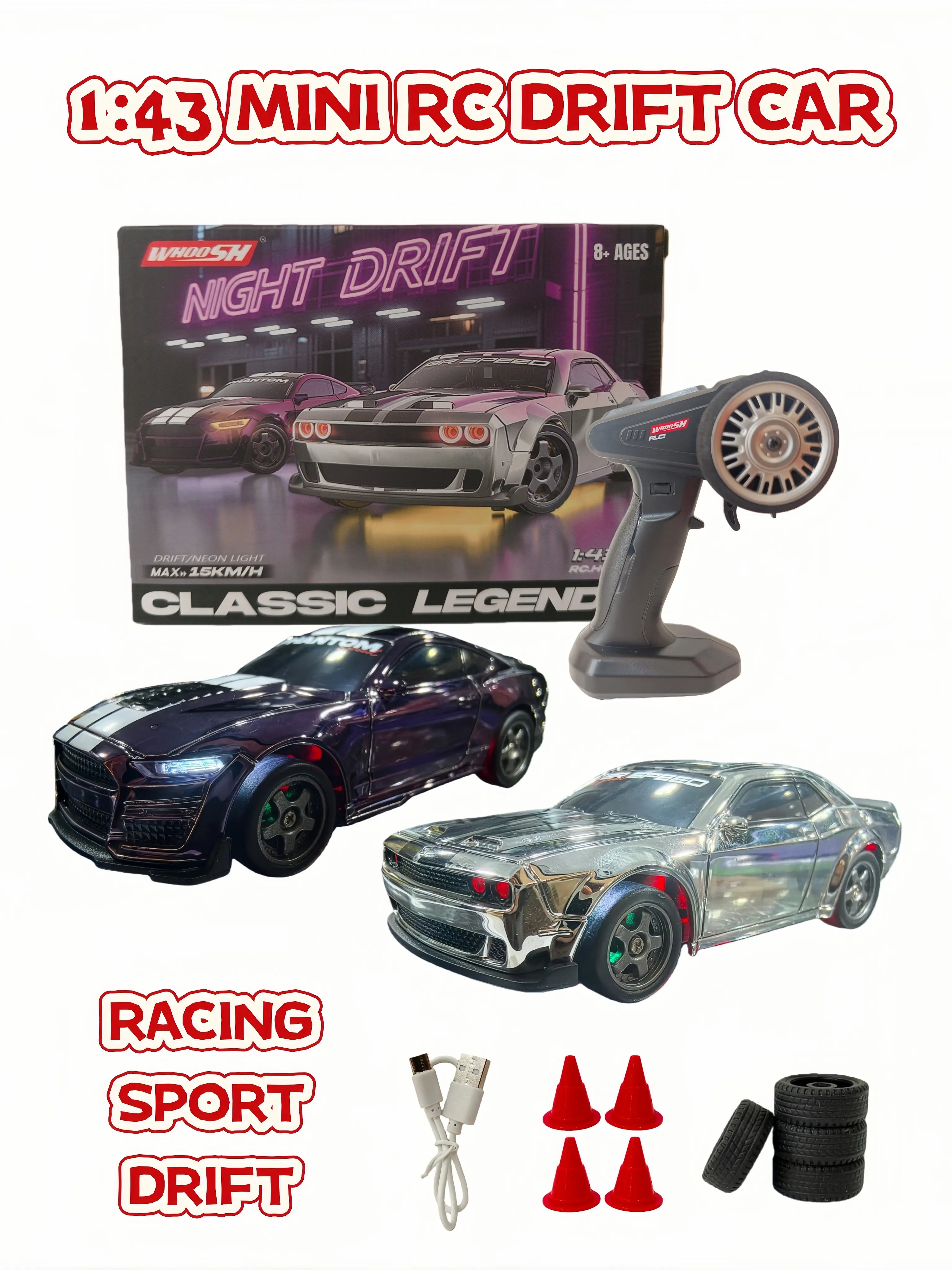 1:43 Mini 4WD RC Drift Car, 2.4GHz Proportional Rechargeable Remote Control Toy Vehicle with Dual Tires, Adjustable LED Underglow, USB Charge & Desktop Racing Rc Cars Rc Stunt Car
