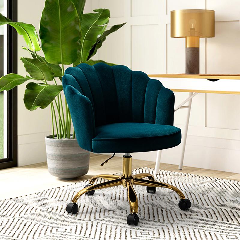 Hulala Belanda Task Office Chair, Height-adjustable, Sturdy and Durable Golden Finish, Tufted Back, velvet fabric upholstery, flower shape back, 360-degree wheels, functional and stylish, for Living Room and Office