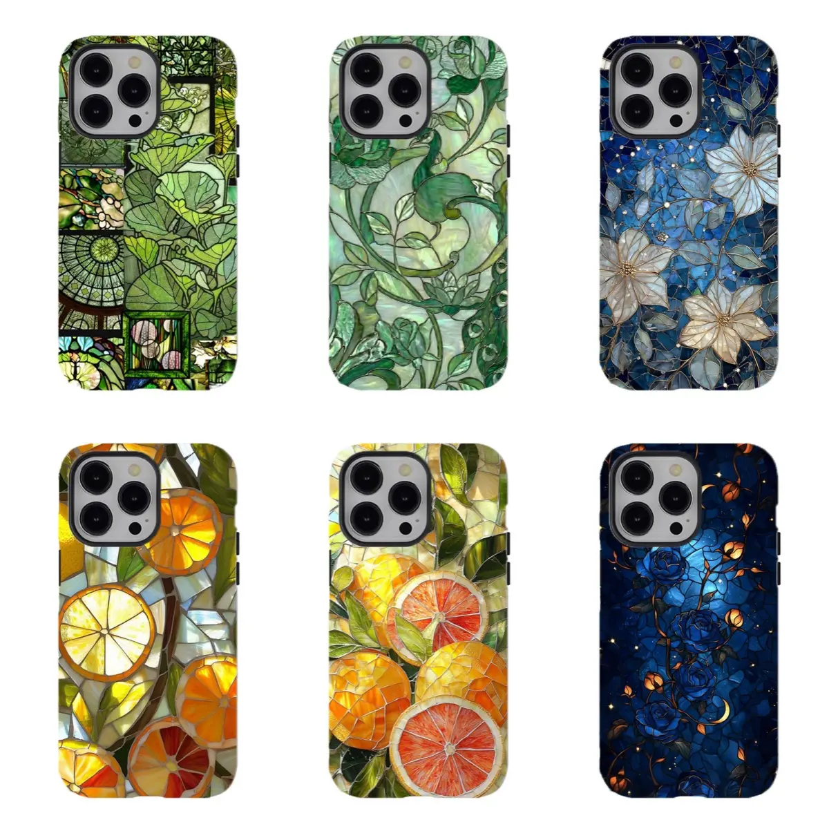 Stained Glass Citrus & Floral Phone Case, Compatible for iPhone 17Promax 16 15 14 13 12 11 and for Samsung S26‑21, Cottagecore Aesthetic, Iridescent Vibe, Shockproof Protective Cover, Perfect Holiday Gift