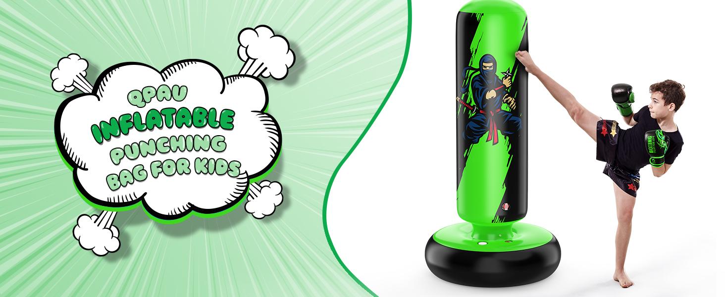 QPAU Kids' Boxing Bag with Gloves, 66-Inch PVC Inflatable Bag for Boys & Girls Ages 5-12, Indoor/Outdoor Karate Kickboxing MMA Practice Set Martial Arts Training