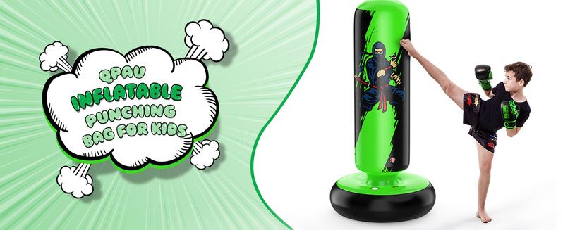 QPAU Kids' Boxing Bag with Gloves, 66-Inch PVC Inflatable Bag for Boys & Girls Ages 5-12, Indoor/Outdoor Karate Kickboxing MMA Practice Set Martial Arts Training