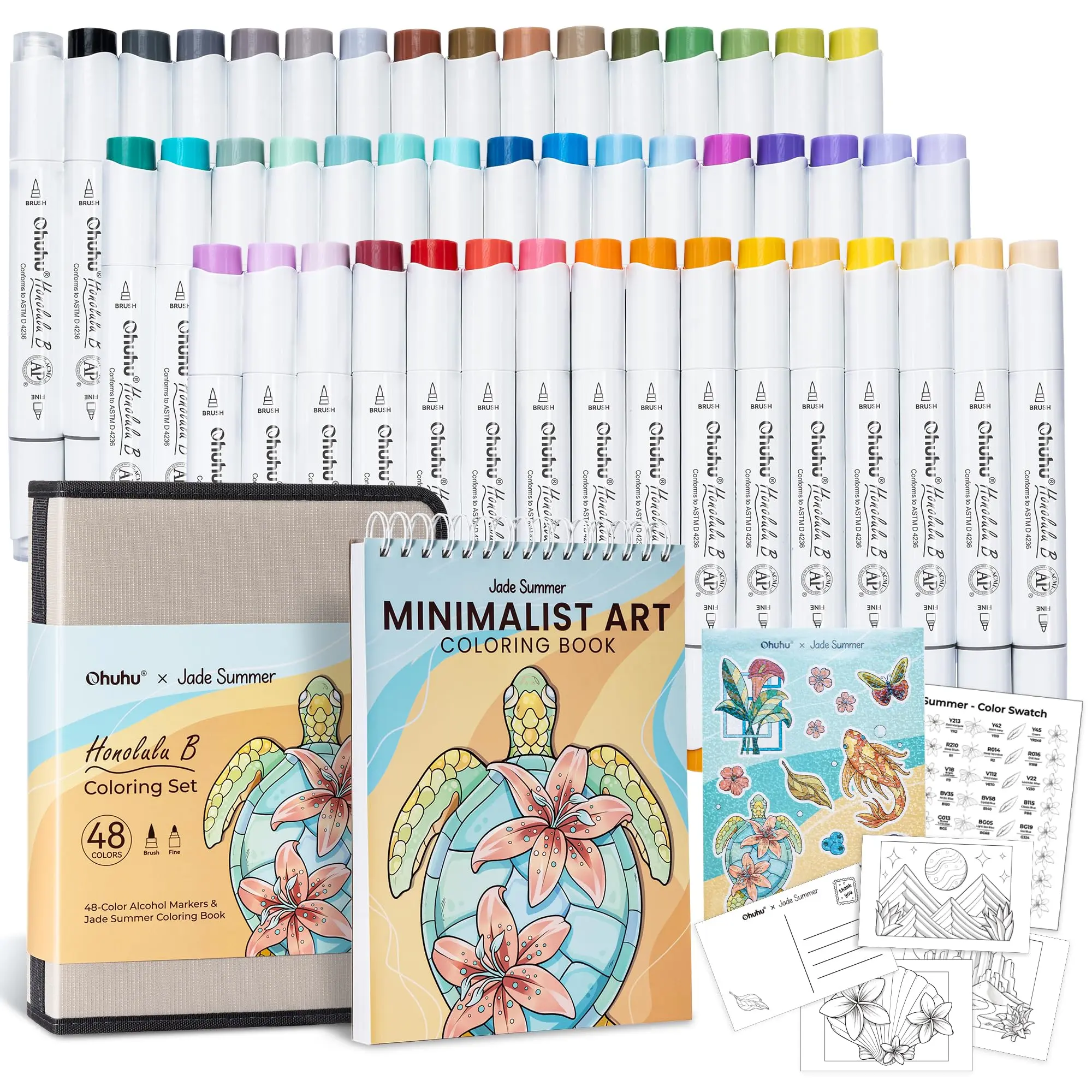 Ohuhu x Jade Summer Coloring Set: Brush & Fine Dual Tips - 47-Color - 47 Alcohol Markers & Coloring Book | Co-branded Coloring Kit,  Alcohol Markers Coloring Set for Stress Relief - Honolulu B Series of Ohuhu