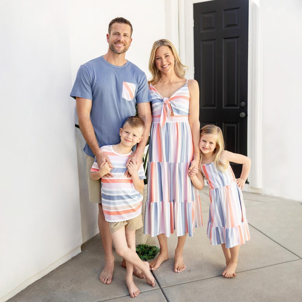PatPat Family Matching Blue Short-sleeve Tee & Colorful Stripe Camisole Dress - Durable Breathable Fabric for Casual Outings & Vacations