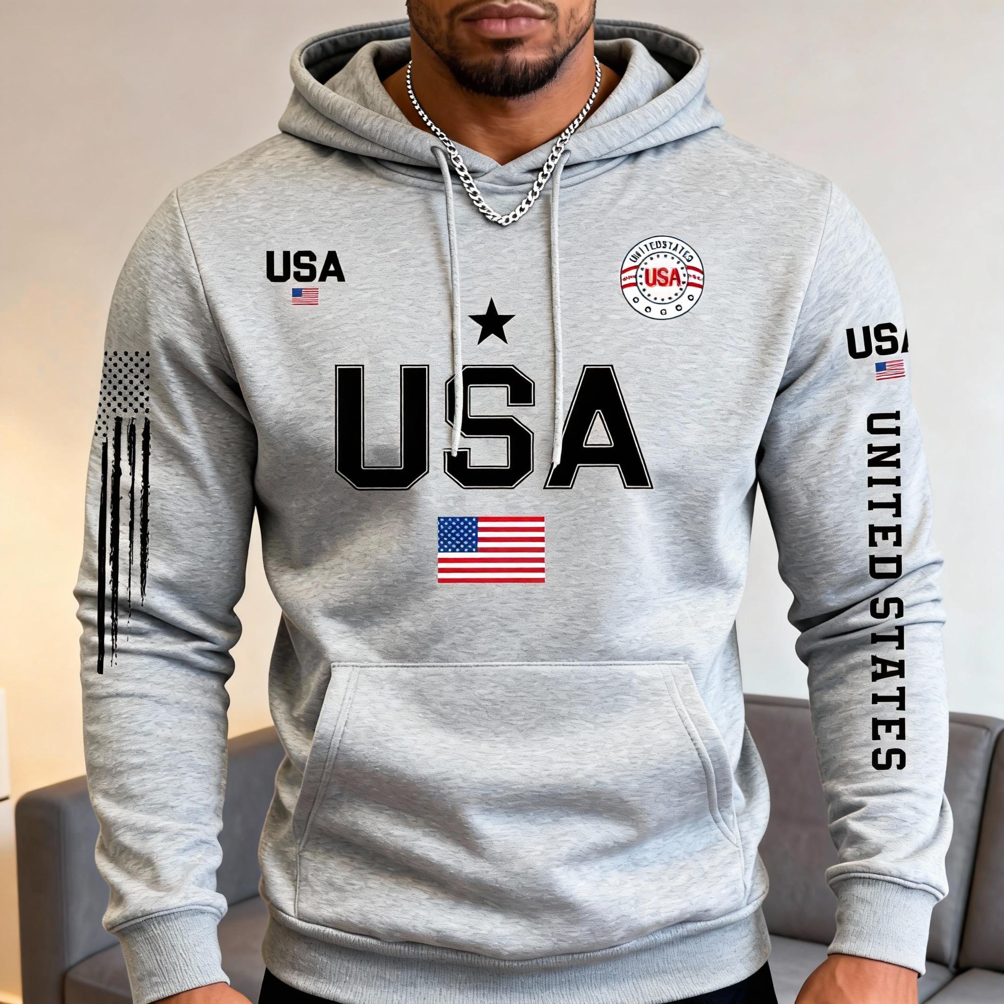 Trendy USA Graphic Hoodie for Men Multi-color Loose Fit Sports Hooded Top with American Flag Detail