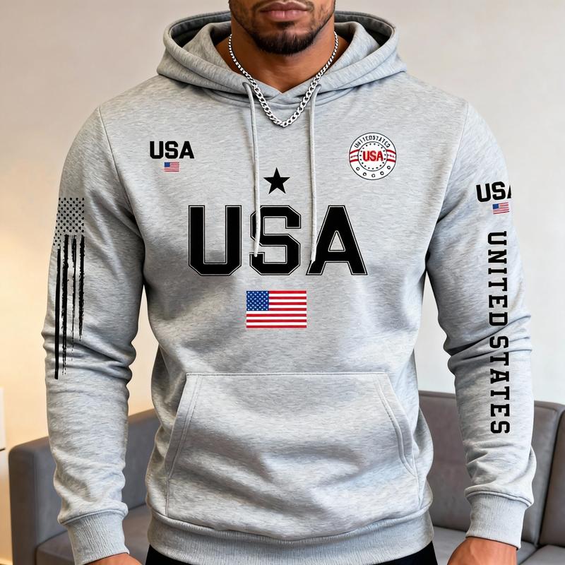 Trendy USA Graphic Hoodie for Men Multi-color Loose Fit Sports Hooded Top with American Flag Detail