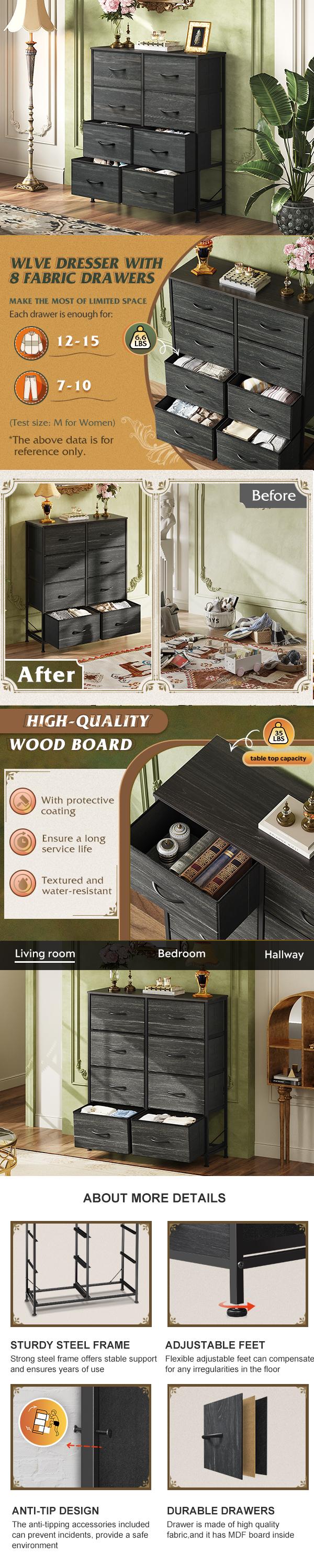 WLIVE Fabric Dresser for Bedroom, Tall Dresser with 8 Drawers, Storage Tower with Fabric Bins, Double Dressers, Chest of Drawers for Closet, Living Room, Hallway