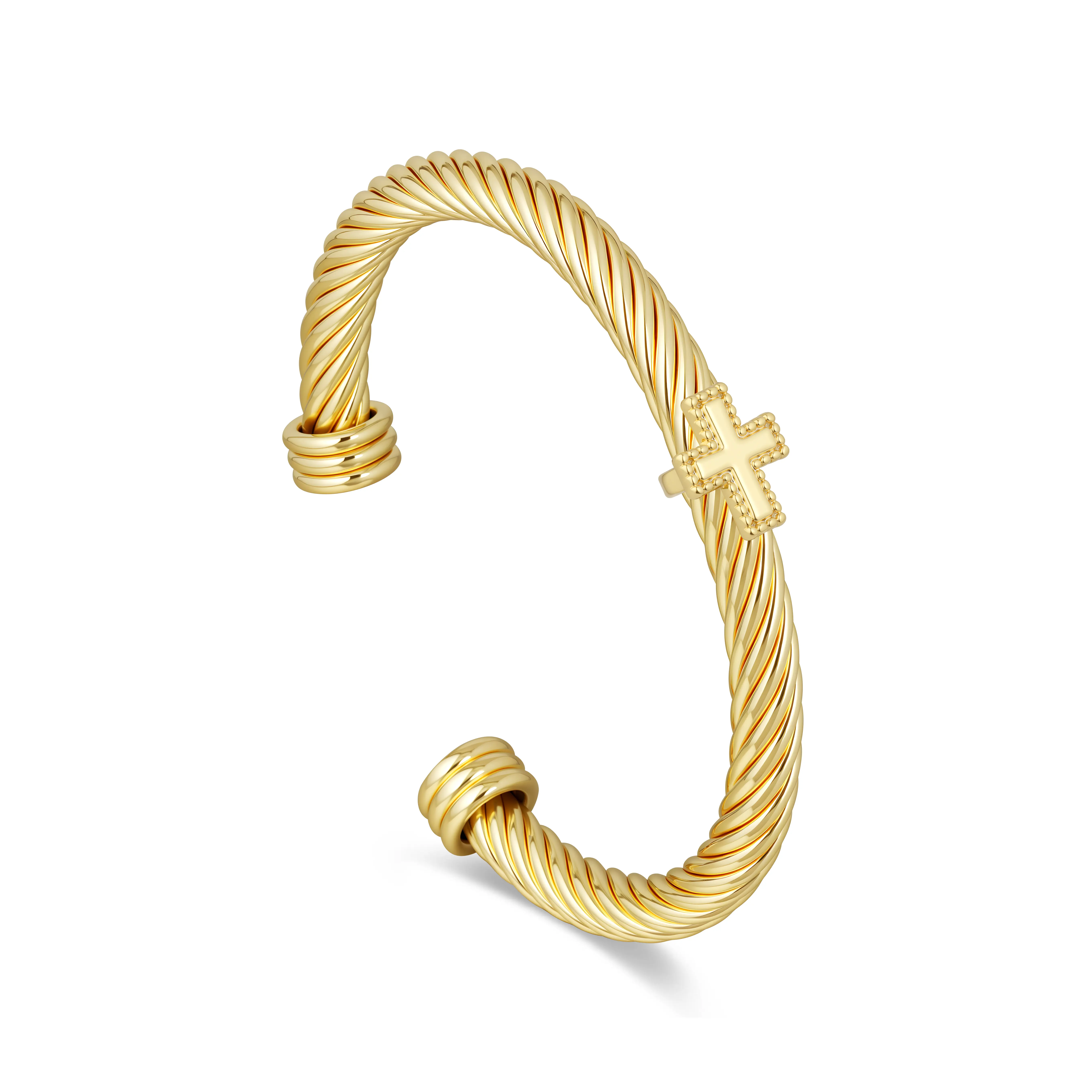Aprilery Twisted Cable Cross Bangle – Radiant Tone Open Cuff Bracelet with Classic Rope Texture and Cross Accent Trendy Daily Jewelry Gift For Easter