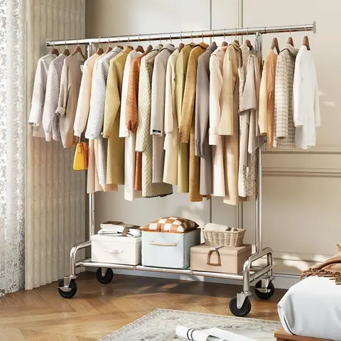 Raybee Furniture 75" Clothes rack for hanging Clothing Rack with Hooks, Extendable & Height Adjustable Coat Rack, Heavy Duty Clothes Racks Holds Up to 220LBS, Portable Rolling Garment Rack with Lockable Wheels & 4 Hooks, Chrome
