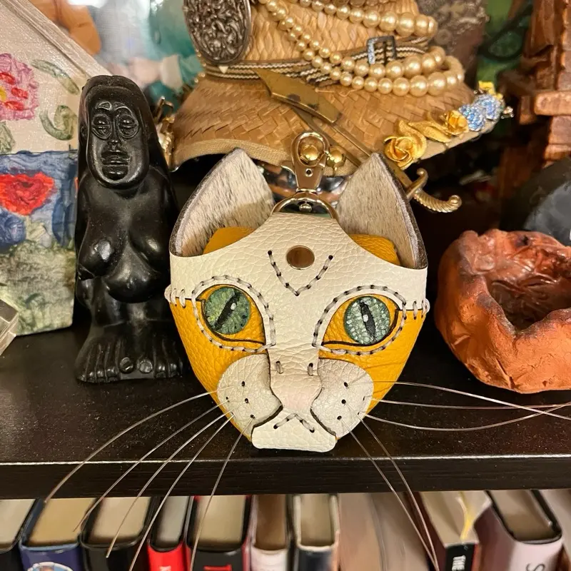 Tabby cat Meowlette Great Mini Wallet Hand Sewn &mReal Veg Tan Leather USA Made Holds Quite a Bit Perfect on Its Own Cat Face Design Red Color